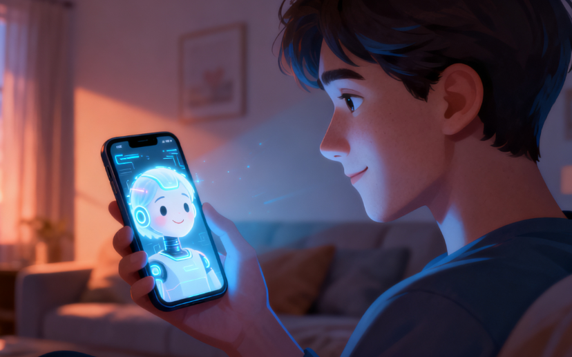 Futuristic AI mental health chatbot on smartphone with calm user