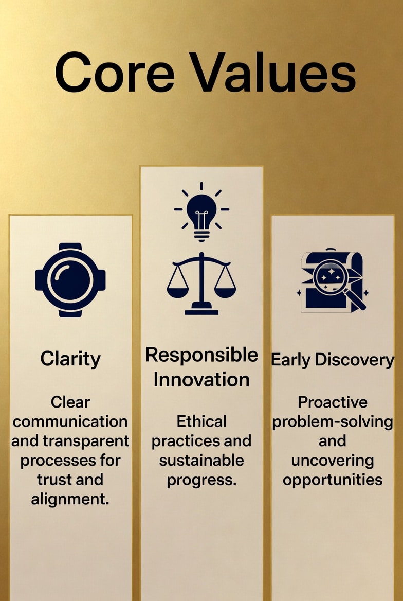 Core values of the Bakroe Community – clarity, responsible innovation and early discovery illustrated with thoughtful entrepreneurs
