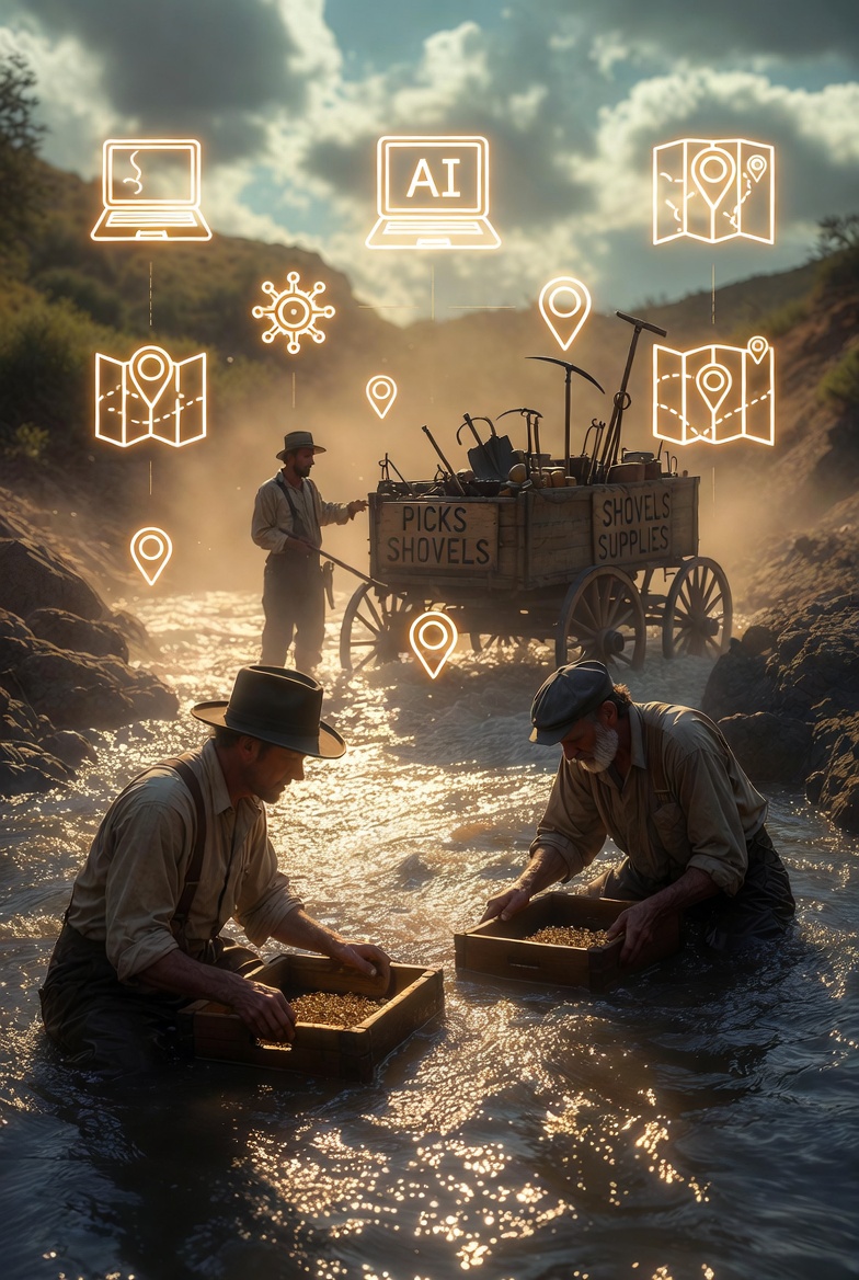 Historical gold rush prospectors panning for gold teaching innovation opportunity discovery and picks and shovels strategy