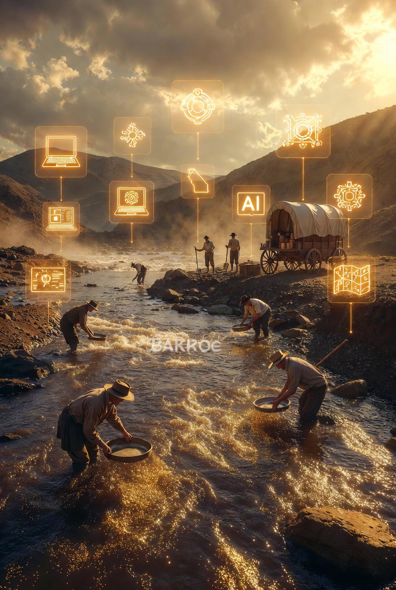 Entrepreneur building profitable AI applications for businesses on a modern laptop while applying gold exploration mindset to innovation