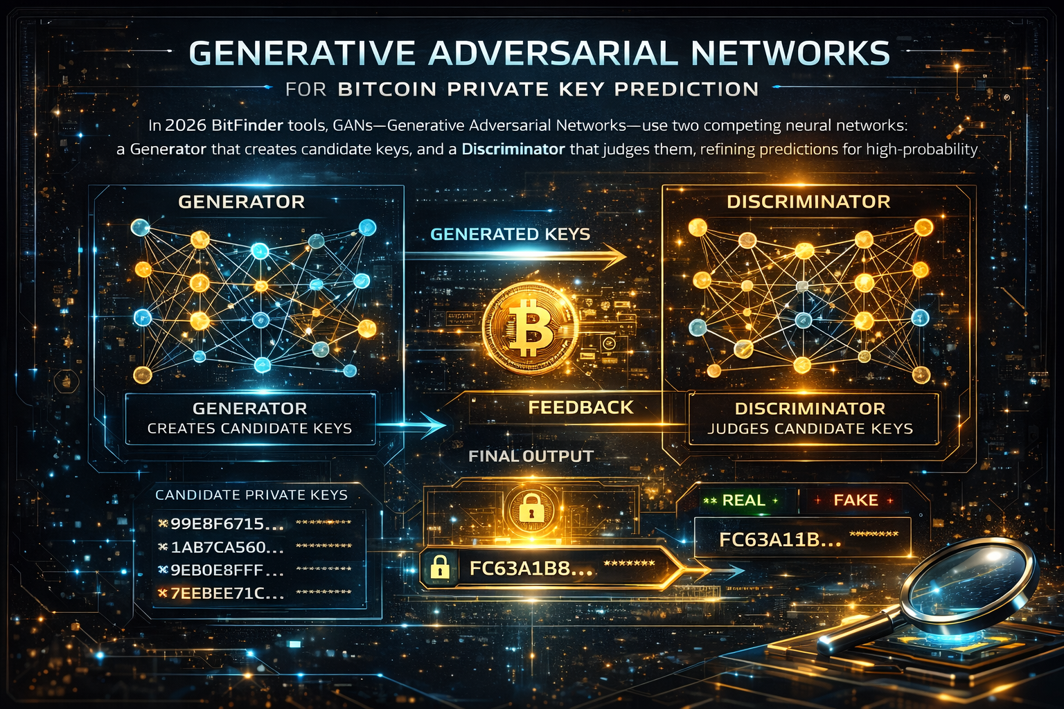 Explanation of Generative Adversarial Networks (GANs) used in 2026 bitfinder tools for private key prediction