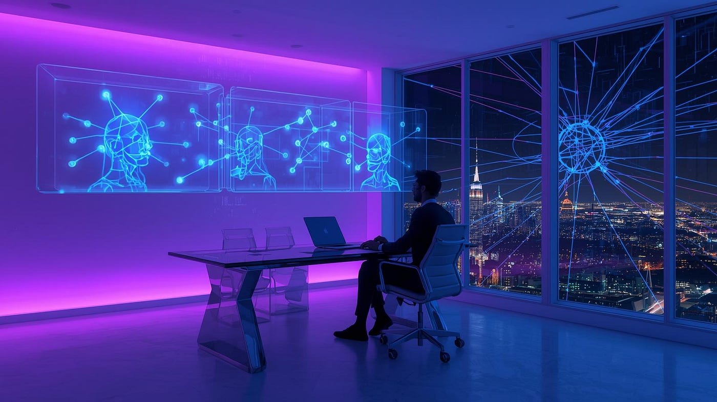 Entrepreneur building agentic AI agents on a modern desk with holographic interfaces