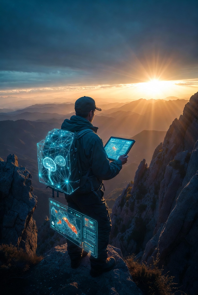 Modern gold explorer using AI and digital tools to discover innovation opportunities early in vast terrain