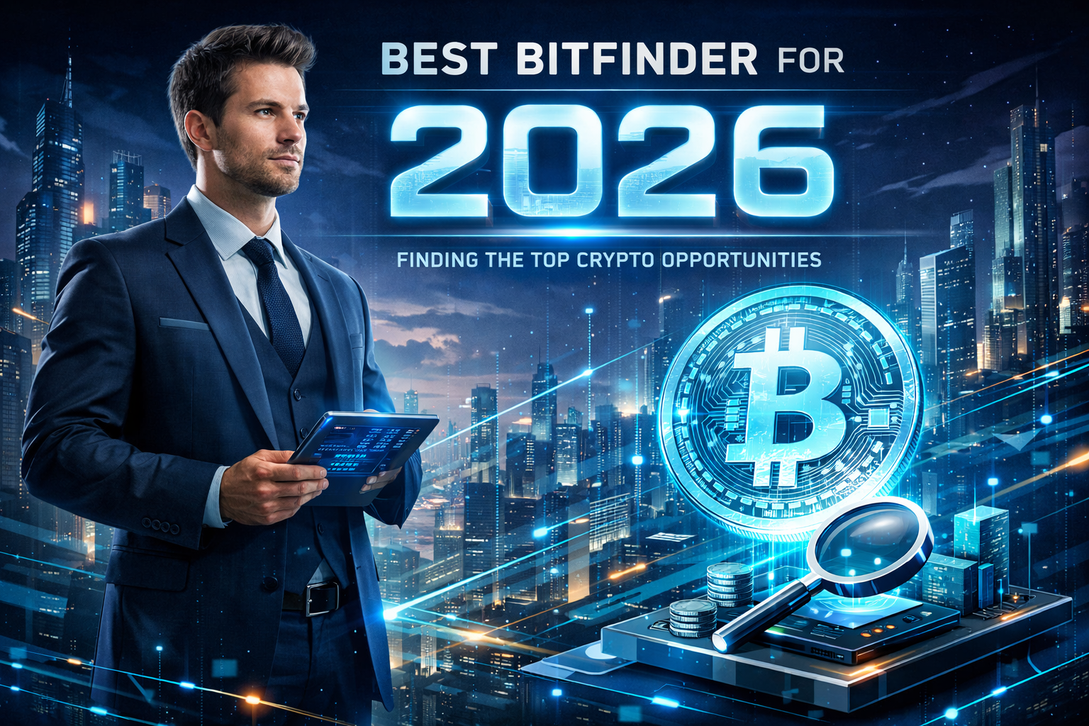 Best bitfinder tools for 2026 showing advanced blockchain scanning, glowing Bitcoin symbols, AI neural networks analyzing dormant wallets and opportunity detection dashboards