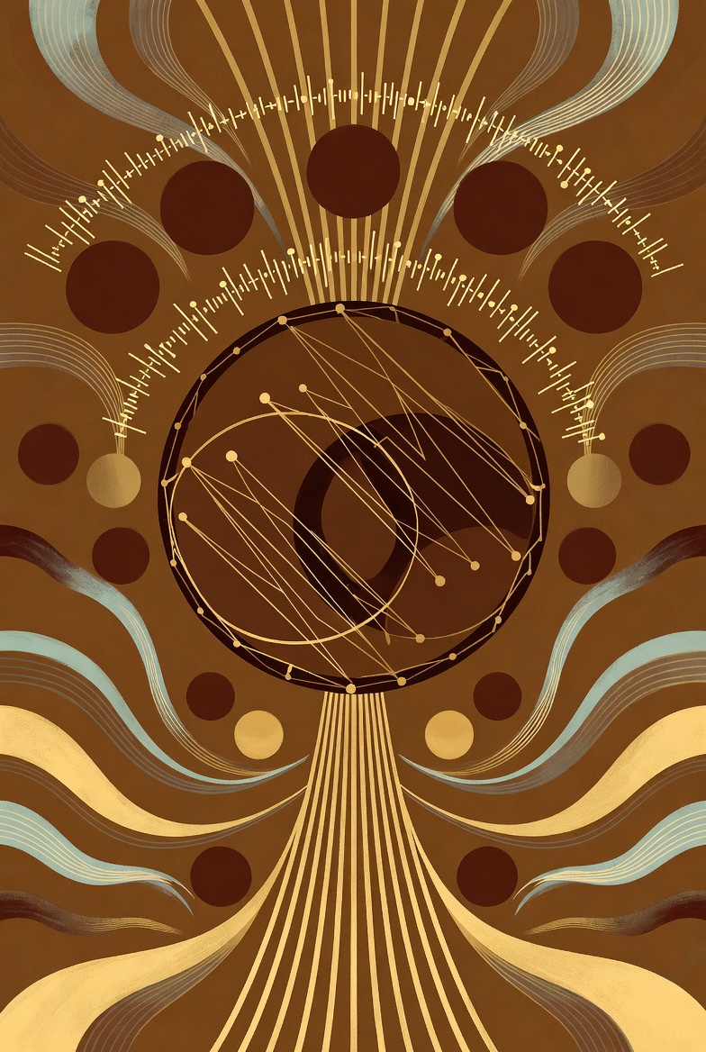 Symbolic illustration of Winti music energy – interlocking rhythms and collective harmony