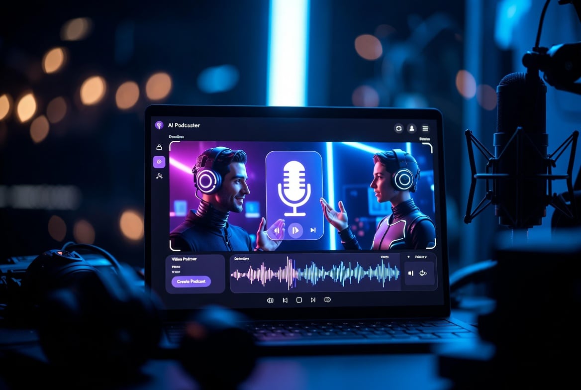 AI Podcaster dashboard creating professional audio and video podcasts with AI avatars