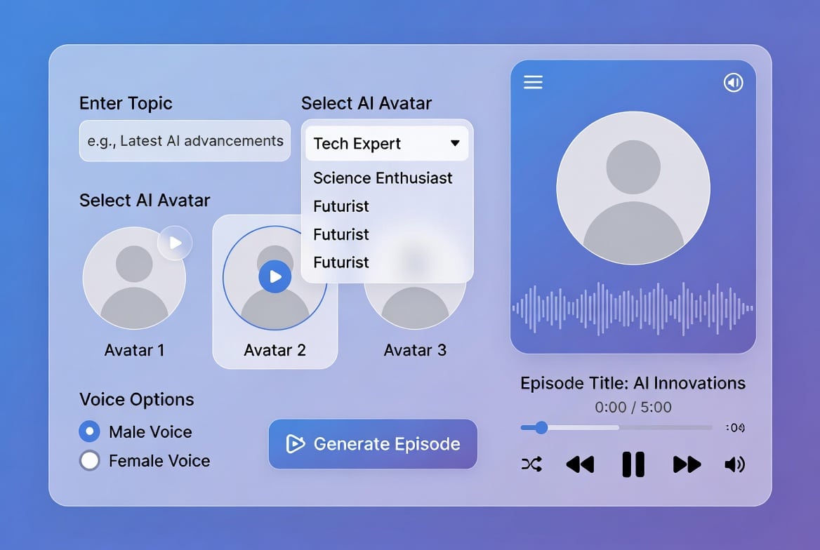 AI Podcaster interface showing AI avatar video podcast creation