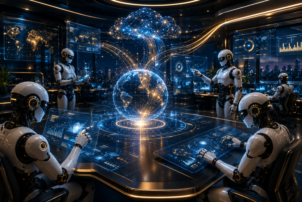AI agents collaborating through connected intelligent systems