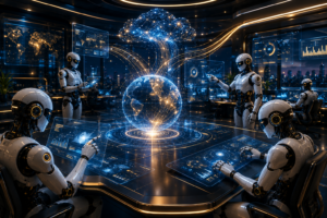 AI agents collaborating through connected intelligent systems