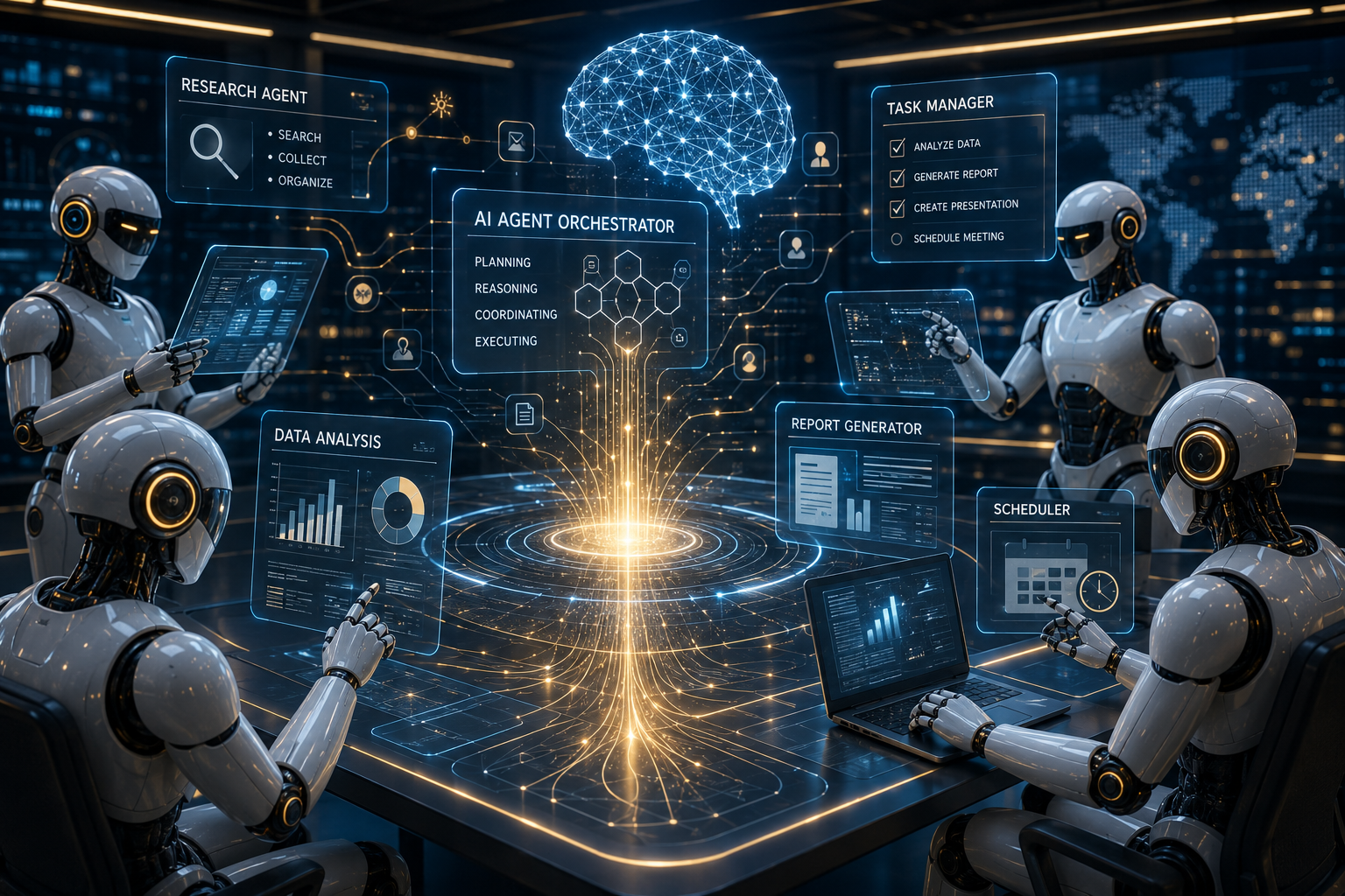 AI agents collaborating through connected intelligent systems